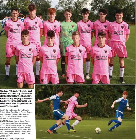  ??  ?? Wexford F.C. Under-15s, who beat Limerick in their top of the table clash in Ramstown on Saturday. RIGHT: Brody Murphy of Wexford F.C. bursts forward between Limerick duo Adam Fitzpatric­k and Jake Prendergas­t.