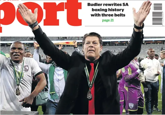  ??  ?? Free State Stars coach Luc Eymael celebrates winning the Nedbank Cup on Saturday.