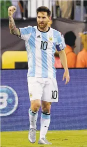  ?? CHARLES KRUPA/ASSOCIATED PRESS ?? Argentina’s Lionel Messi celebrates his goal against Venezuela in Foxborough, Mass. on Saturday.