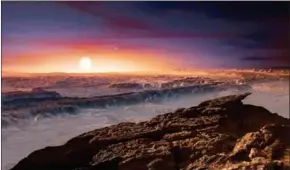  ??  ?? An artist’s impression of the landscape of Proxima b orbiting Proxima Centauri, the closest star to Earth’s Sun.