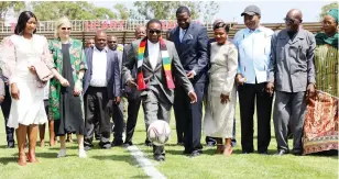  ?? — Picture: Innocent Makawa ?? President Mnangagwa kicks the ball during the official opening of the 5 000-seater The Heart Stadium in Waterfalls, owned by Prophet Walter Magaya, yesterday. (More pictures on Page 2)