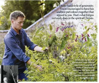  ??  ?? James Horner the first Christophe­r Lloyd scholar now trials thousands of plants to observe and learn how they grow with many grown them together like a romantic Dixter stock bed.
