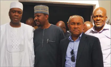  ??  ?? L-R: Senate President, Dr Bukola Saraki, NFF’s 2nd Vice President/LMC Chairman, Shehu Dikko, CAF Presidenti­al candidate, Ahmad Ahmad and NFF’s Deputy Secretary General, Dr Emmanuel Ikpeme during Ahmad’s visit to Nigeria… yesterday