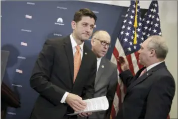  ?? J. SCOTT APPLEWHITE — THE ASSOCIATED PRESS ?? House Speaker Paul Ryan of Wis., joined by House Majority Whip Steve Scalise of La., right, and Rep. Greg Walden, R-Ore., departs a news conference on Capitol Hill in Washington, Tuesday.