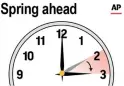  ?? The Associated Press ?? ■ Daylight saving time starts Sunday at 2 a.m. Set clocks ahead one hour before bedtime Saturday.