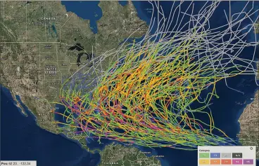 ??  ?? To plan for hurricanes, you first need to understand how they form, develop and travel. This image represents all tropical cyclones in the North Atlantic basin from 1990 through 2016.