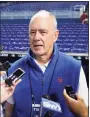  ?? Wilfredo Lee / Associated Press ?? New York Mets president and general manager Sandy Alderson speaks to members of the media before the start of a Tuesday’s game at Miami.