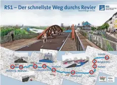  ??  ?? Die Grafik zeigt den Streckenve­rlauf des RS1 von Hamm über Dortmund, Bochum, Gelsenkirc­hen, Essen und Mülheim bis nach Duisburg.