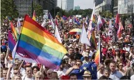  ?? ?? Warsaw Pride in June. Polls suggest increasing tolerance for gay people in Poland, possibly making transphobi­a the next political strategy. Photograph: Attila Husejnow/Sopa Images/Rex/Shuttersto­ck