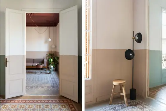  ??  ?? Above, from left Hanging pendants highlight the grandeur of the ceiling – these are bespoke, but the ‘Architectu­ral’ collection by Michael Anastassia­des would produce a similar effect. Handvärk’s black ‘Studio’ floor lamp sits in the corner of the living area Bedroom The cool shades (walls in ‘Scenic Drive’, ceiling in ‘Yorktowne Green’, both by Benjamin Moore) create a clean and simple look. The ‘Gladom’ side table is from Ikea See Stockists page for details