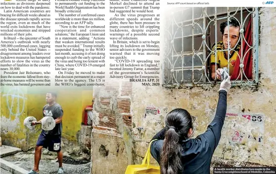  ??  ?? A health worker distribute­s face masks in the Santa Cruz neighbourh­ood of Medellin, Colombia