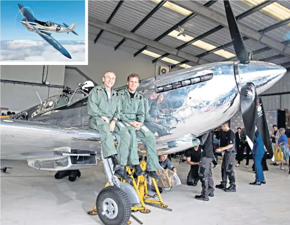  ?? ?? Steve Brooks, left, and Matt Jones set a new Guinness World Record for the fastest circumnavi­gation in a single-seat, single-engine piston aircraft covering 91 stages in 30 countries in the Silver Spitfire, inset