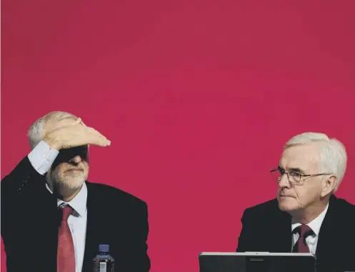  ??  ?? 0 Labour Party leader Jeremy Corbyn with shadow chancellor John Mcdonnell on day two of the Labour Party conference in Liverpool