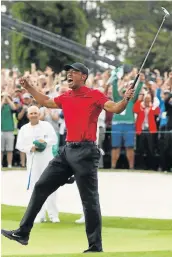  ?? Picture: REUTERS/JONATHAN ERNS ?? ON CLOUD NINE: An emotional Tiger Woods celebrates after winning the 2019 Masters at Augusta over the weekend. The redemption of Woods has left many people in awe.