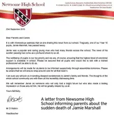  ??  ?? A letter from Newsome High School informing parents about the sudden death of Jamie Marshall