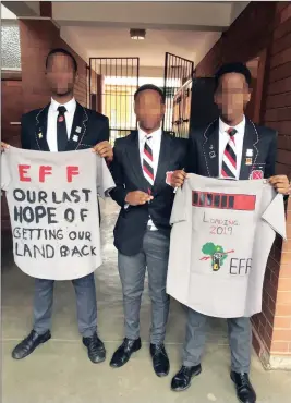  ??  ?? IN THE SPOTLIGHT: Maritzburg College has been instructed to halt disciplina­ry proceeding­s against the pupils who were photograph­ed holding up T-shirts emblazoned with the EFF logo.