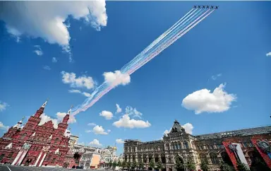  ?? GETTY ?? Fighter jets took to the skies during yesterday’s military parade marking the end of the Great Patriotic War when the Nazis capitulate­d to the then Soviet Union.
