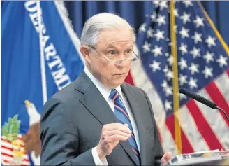  ?? AP PHOTO ?? Attorney General Jeff Sessions outlines Trump administra­tion policies as he speaks to new immigratio­n judges, in Falls Church, Va., Monday.