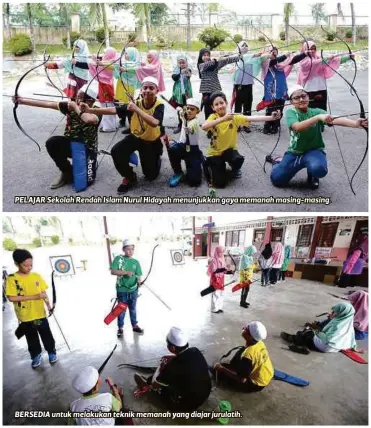  ??  ?? PELAJAR Sekolah Rendah Islam Nurul Hidayah menunjukka­n gaya memanah masing-masing.
BERSEDIA untuk melakukan teknik memanah yang diajar jurulatih.