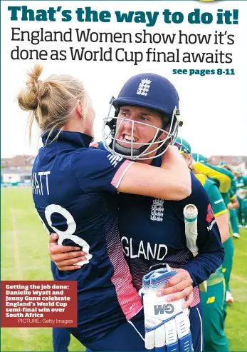  ?? PICTURE: Getty Images ?? Getting the job done: Danielle Wyatt and Jenny Gunn celebrate England’s World Cup semi-final win over South Africa