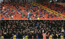  ?? Composite: ProSports/Shuttersto­ck; Getty Images ?? Only 500 Aberdeen fans were allowed into Pittodrie on Boxing Day (top), while Southampto­n celebrated a win in front of a packed crowd at the London Stadium when they beat West Ham 3-2.