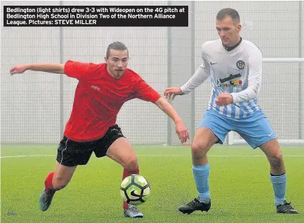  ??  ?? Bedlington (light shirts) drew 3-3 with Wideopen on the 4G pitch at Bedlington High School in Division Two of the Northern Alliance League. PIctures: STEVE MILLER