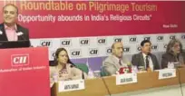  ??  ?? Arjun Sharma, Co–Chairman, CII National Committee on Tourism, Amita Sarkar, Senior Director, CII, Parvez Dewan, Secretary, Ministry of Tourism, Rakesh Tandon, MD, IRCTC, and Muzaffar Ali, Indian Film Maker at CII Roundtable on Pilgrimage Tourism on...