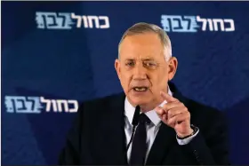  ?? (AP/Sebastian Scheiner) ?? Blue and White party leader Benny Gantz delivers a statement in Tel Aviv, Israel, earlier this month.