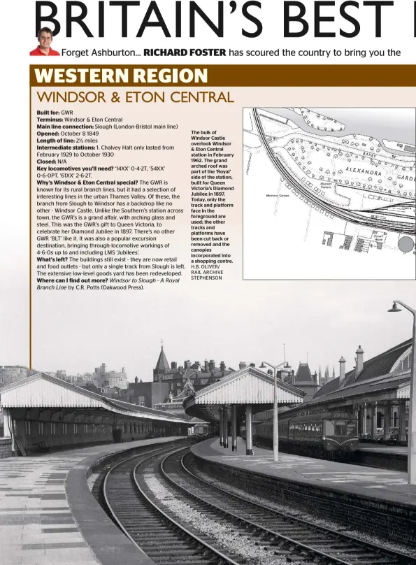  ??  ?? The bulk of Windsor Castle overlook Windsor & Eton Central station in February 1962. The grand arched roof was part of the ‘Royal’ side of the station, built for Queen Victoria’s Diamond Jubilee in 1897. Today, only the track and platform face in the...