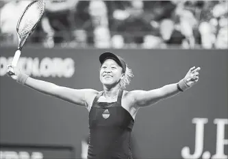  ?? CHANG W. LEE NEW YORK TIMES ?? Naomi Osaka of Japan reacts after defeating Madison Keys of the U.S., 6-2, 6-4, at the U.S. Open in New York on Thursday. Osaka, 20 years old and the 20th seed, will face Serena Williams of the U.S. in Saturday’s final.