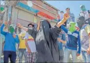  ??  ?? Protesters shout profreedom slogans in Srinagar. Separatist leaders last week had called a shutdown “against the Indian electronic media’s propaganda war against people of Kashmir.