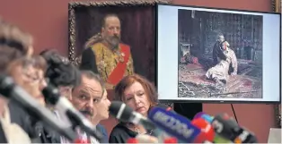  ??  ?? Russian State Tretyakov Gallery officials attend a press conference after Ilya Repin’s world famous painting of Ivan the Terrible was damaged in Moscow on Monday.