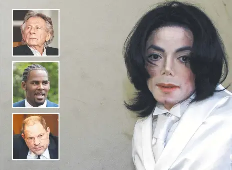  ??  ?? “One can appreciate the work of a talented but deeply flawed artist without condoning their conduct or criminalit­y” – Michael Jackson and (inset from top) Roman Polanski, R. Kelly and Harvey Weinstein. Main picture: GETTY IMAGES