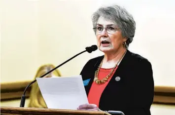  ?? THOM BRIDGE/INDEPENDEN­T RECORD ?? Montana state Rep. Sharon Greef, the sponsor of a bill banning telemedici­ne abortions, speaks in January at the State Capitol in Helena. Greef has called medication abortions“the Wild West of the abortion industry.”