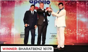  ??  ?? WINNER: BHARATBENZ 1617R (L to R) S Narayanan, Head – Commercial & Internatio­nal Operations, FIEM Industries, Markus Villinger, Managing Director, Daimler Buses India and Vice President, Daimler India Commercial Vehicles, and Sabyasachi Gosh, Corporate...