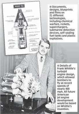  ??  ?? Documents, designs, blueprints and films on 21 different technologi­es, including chemical warfare, rockets, supercharg­ers, submarine detection devices, self-sealing fuel tanks and plastic explosives.
Details of Frank Whittle’s turbojet engine design,...