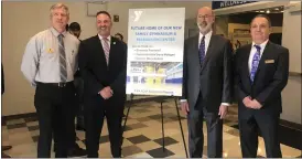  ?? RACHEL RAVINA — MEDIANEWS GROUP ?? Gov. Tom Wolf tours the Lansdale Area Family YMCA Wednesday morning. Pictured, from left, are Lansdale Area Family YMCA Branch Executive Bob Varga, State Rep. Steve Malagari, D-53rd Dist., Wolf, and North Penn YMCA CEO Bob Gallagher.