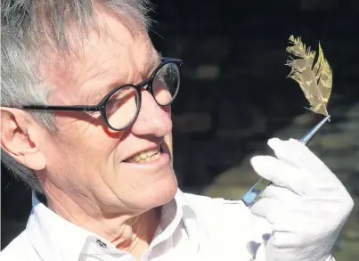  ?? PHOTO: SIMON HENDERSON ?? DNA discovery . . . General manager Maurice Watson inspects a 2000 to 3000yearol­d kakapo feather at Central Stories Museum in Alexandra.