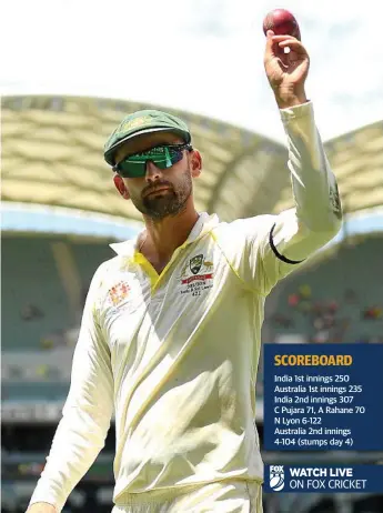  ?? Photo: Quinn Rooney ?? LYON’ SHARE: Nathan Lyon holds the ball up to the crowd after taking six wickets during India’s second innings.