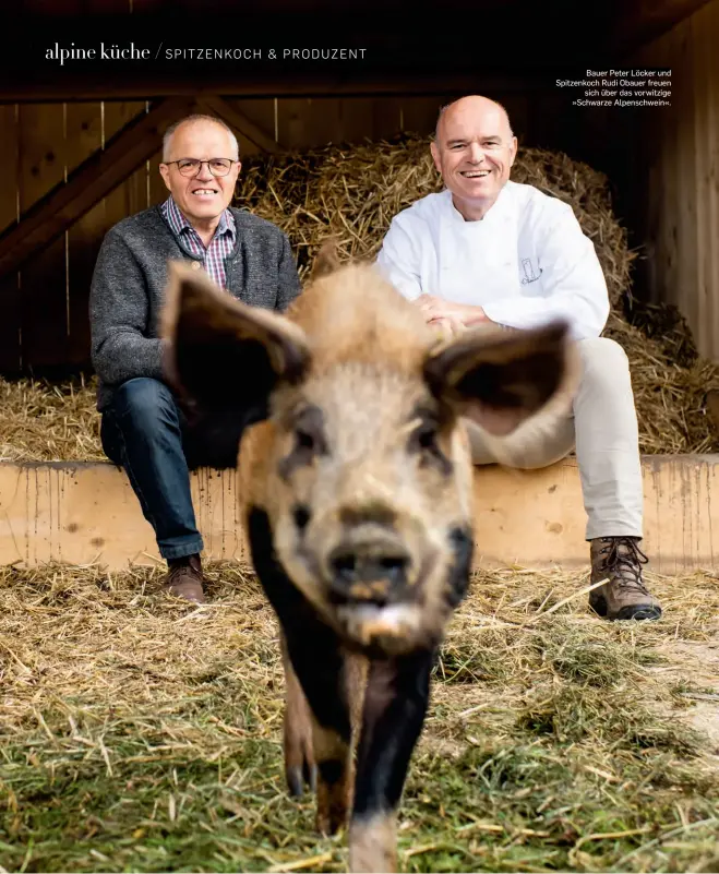  ??  ?? Bauer Peter Löcker und Spitzenkoc­h Rudi Obauer freuen sich über das vorwitzige »Schwarze Alpenschwe­in«.