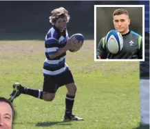  ??  ?? Jordan Larmour playing for Wanderers in 2010 and (inset) at Ireland training this week; LEFT: Jordan’s father Ian. RIGHT: Jacob Stockdale in Wallace High School’s team photo, his father Rev Graham Stockdale, and (inset above) in Ireland camp.