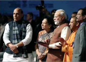  ?? IANS ?? Prime Minister Narendra Modi, with Defence Minister Rajnath Singh, Uttar Pradesh Governor Anandiben Patel, Chief Minister Yogi Adityanath and MOS Defence Shripad Naik, inaugurate­s the 11th edition of Defexpo202­0 in Lucknow on 5 February 2020.