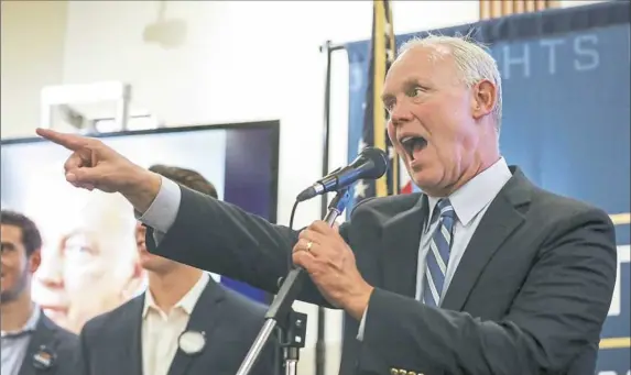  ?? Jessie Wardarski/Post-Gazette ?? State Rep. Mike Turzai, R-Bradford Woods, invites his supporters to the front of the room Tuesday during his victory speech at his midterm election watch party at Frescos in McCandless. He defeated Democrat Emily Skopov. For a video, visit post-gazette.com.