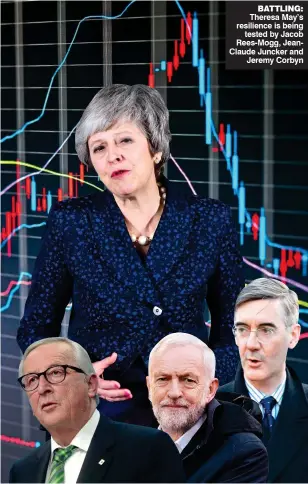  ??  ?? BATTLING: Theresa May’s resilience is being tested by Jacob Rees-Mogg, JeanClaude Juncker and Jeremy Corbyn