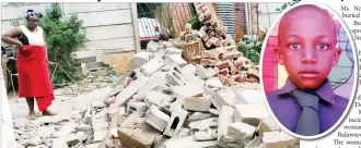  ??  ?? The perimeter wall which collapsed and killed 8-year-old Nkosiphile Ncube (inset) in Suburbs, Bulawayo, on Saturday