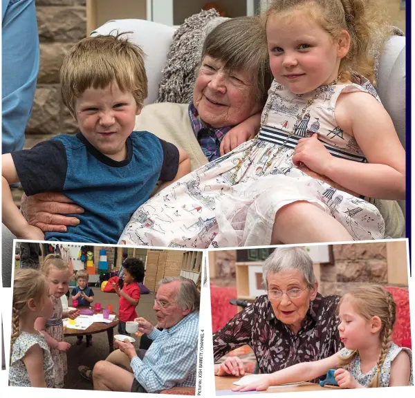  ??  ?? Young at heart: Cheeky Noah and Millie bundle onto Pat’s lap. Below left, Hamish, 88, enjoys a tea party, and below right, Eva draws with Sheila, 84