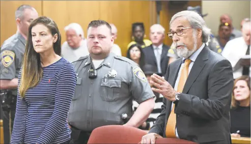  ?? Tyler Sizemore / Hearst Connecticu­t Media ?? Attorney Andrew Bowman, right, speaks during the arraignmen­t of his client Michelle C. Troconis, 44, on charges of tampering with or fabricatin­g physical evidence and first-degree hindering prosecutio­n at state Superior Court in Norwalk on Monday.