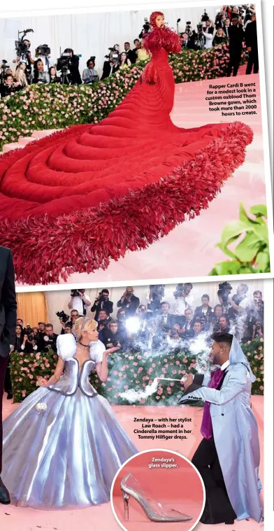  ??  ?? Zendaya – with her stylist Law Roach – had a Cinderella moment in her Tommy Hilfiger dress. Zendaya’s glass slipper. Rapper Cardi B went for a modest look in a custom oxblood Thom Browne gown, which took more than 2000 hours to create.
