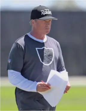  ?? KIRBY LEE/USA TODAY SPORTS ?? Raiders quarterbac­k Derek Carr say of Jon Gruden: “I’ve never seen a head coach instill the type of confidence in everybody in the building as he has. ... If you do something bad, it feels like you let your dad down.”