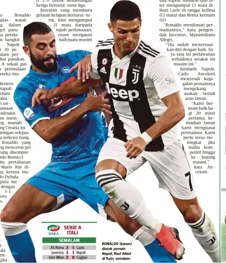  ??  ?? RONALDO (kanan) diasak pemain Napoli, Raul Albiol di Turin, semalam.